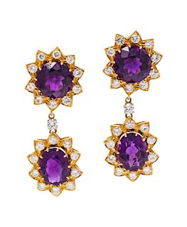 A Pair of Yellow Gold, Amethyst and Diamond Convertible Earclips,
