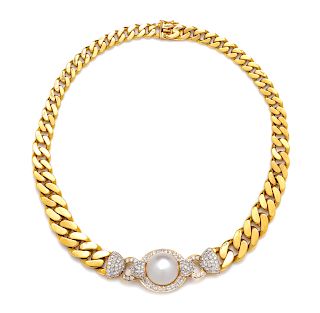 An 18 Karat Yellow Gold, Cultured Pearl and Diamond Necklace,
