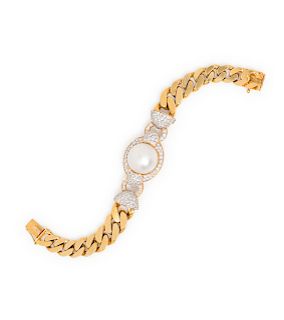 An 18 Karat Yellow Gold, Cultured Pearl and Diamond Bracelet,