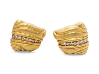 A Pair of 18 Karat Yellow Gold and Diamond Earclips,