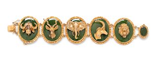 A Yellow Gold and Nephrite Animal Motif Bracelet,