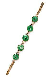 An 18 Karat Yellow Gold, Jade Bi and Diamond Bracelet,