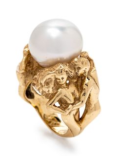 A Yellow Gold and Cultured South Sea Pearl Figural Ring,