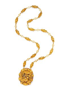 An 18 Karat Yellow Gold and Multigem Mesoamerican Motif Pendant/Brooch Necklace,