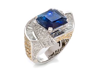 An 18 Karat Bicolor, Diamond and Sapphire Ring,