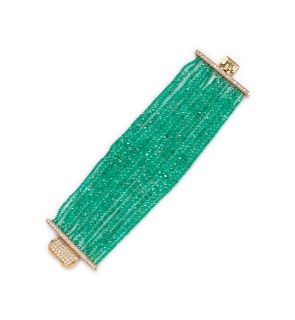 An 18 Karat Yellow Gold, Diamond and Multistrand Emerald Bead Bracelet, White,