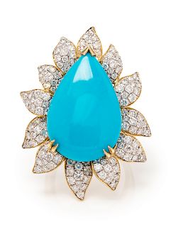 An 18 Karat Yellow Gold Turquoise and Diamond Ring,