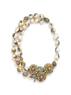 An 18 Karat Yellow Gold and Silver Topped Opal, Cultured Baroque Pearl and Diamond Necklace,