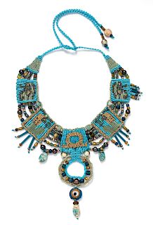A Textile, Glass, Clay, Cultured Pearl and Faience Bead Egyptian Motif Collar Necklace,