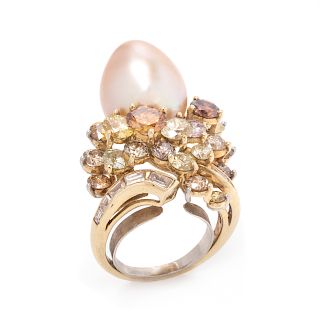 A Yellow Gold, Platinum, Colored Diamond, Diamond and Cultured Pearl Ring,