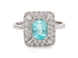 A 14 Karat White Gold, Greenish-Blue Tourmaline and Diamond Ring,