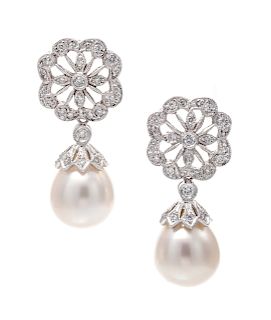 A Pair of 18 Karat White Gold, Diamond and Cultured Pearl Convertible Earclips,