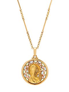 An 18 Karat Yellow Gold, Diamond and Plique-a-Jour Enamel Pendant/Necklace, Nouveau 1910,