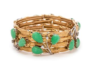 A Yellow Gold, Platinum, Jade and Diamond Bracelet,