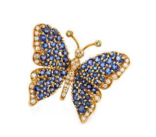 An 18 Karat Yellow Gold, Diamond, Sapphire and Emerald Butterfly Brooch, Tiffany & Co., Circa 1989,