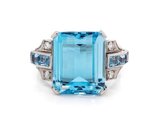 A Platinum, Aquamarine and Diamond Ring,