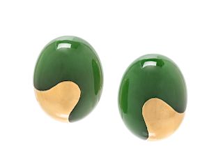 A Pair of 18 Karat Yellow Gold and Jade Earclips, Angela Cummings for Tiffany & Co.,
