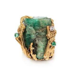 A Brutalist 18 Karat Yellow Gold, Emerald Crystal and Diamond Ring,