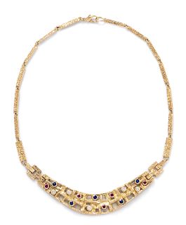A Modernist 18 Karat Yellow Gold, Diamond, Ruby and Sapphire Necklace,