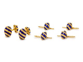 A Pair of 18 Karat Yellow Gold and Enamel Cufflinks, Schlumberger for Tiffany & Co.,