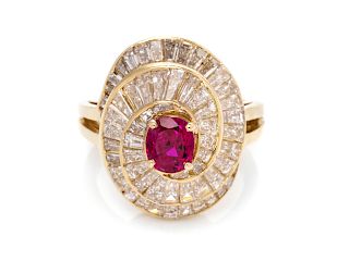 A 14 Karat Yellow Gold, Burmese Ruby and Diamond Ring,