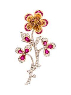 An 18 Karat Bicolor Gold, Colored Diamond, Ruby and Diamond Brooch,