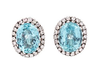 A Pair of Platinum, Aquamarine and Diamond Earclips,