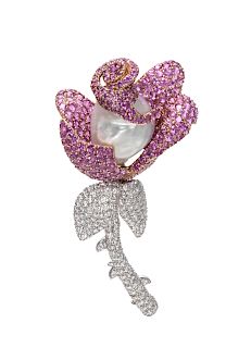 A Bicolor Gold, Diamond, Pink Sapphire and Cultured Baroque Pearl Rose Brooch,