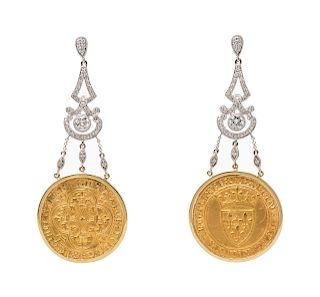 A Pair of Bicolor Gold, Diamond and Coin Earrings,