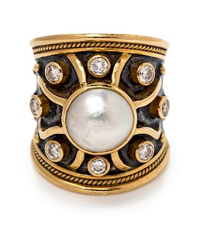 An 18 Karat Yellow Gold, Cultured Mabe Pearl and Diamond Ring, Elizabeth Gage,