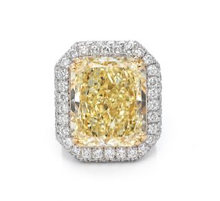 An Exceptional Fancy Yellow Diamond, Platinum and Diamond Ring,