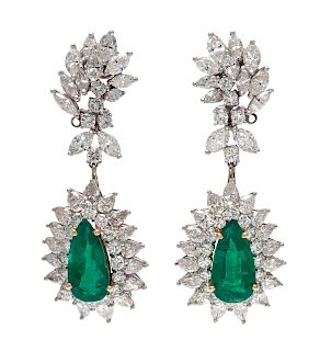 A Pair of Platinum, Yellow Gold, Colombian Emerald and Diamond Convertible Earclips,