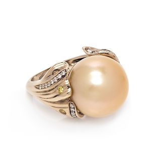 An 18 Karat Yellow Gold, Cultured Golden South Sea Pearl, Diamond and Colored Diamond Ring,