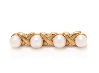 A 14 Karat Yellow Gold and Cultured Pearl Brooch, Mikimoto,
