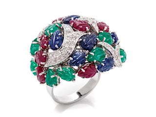 A White Gold, Diamond and Carved Multigem Ring,