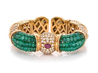 An 18 Karat Yellow Gold Diamond, Ruby and Emerald Cuff Bracelet,