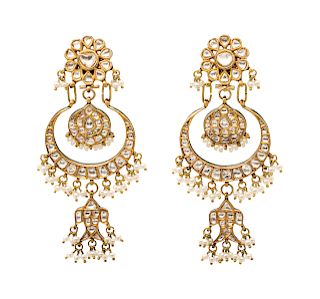 A Pair of High Karat Yellow Gold Kundan, Diamond, Seed Pearl and Polychrome Enamel Earrings, Indian,
