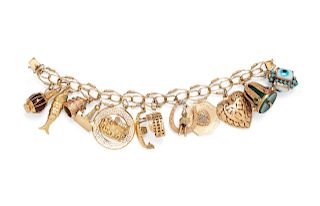 An 18 Karat Yellow Gold Charm Bracelet with 12 Attached Charms,