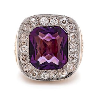 A Platinum Topped Yellow Gold, Amethyst and Diamond Ring,