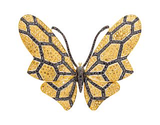 A Yellow Gold, Black Diamond and Yellow Sapphire Butterfly Brooch,