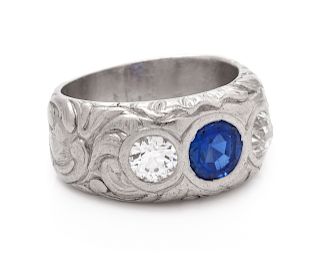 An Antique Platinum, Sapphire, and Diamond Ring, Bailey Banks & Biddle,