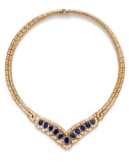 An 18 Karat Yellow Gold, Sapphire, and Diamond Necklace,