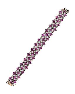 A Silver Topped Yellow Gold, Pink Sapphire and Diamond Bracelet,