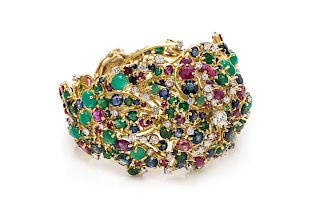 A 14 Karat Yellow Gold, Diamond, Emerald, Sapphire and Ruby Bracelet,