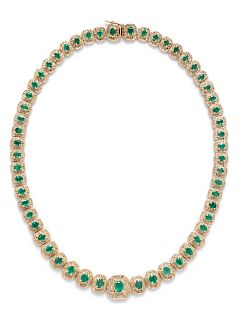 A 14 Karat Yellow Gold, Emerald and Diamond Necklace,