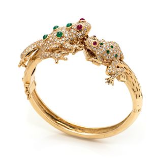 A Yellow Gold, Emerald, Ruby and Diamond Frog Bangle Bracelet,