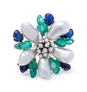 A 14 Karat White Gold, Diamond, Cultured Baroque Pearl, Emerald and Sapphire Brooch, Trio,