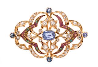 An Antique Yellow Gold, Sapphire, Diamond and Polychrome Enamel Brooch,