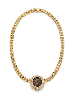 An 18 Karat Yellow Gold, Diamond and Roman Coin Necklace, Bvlgari,