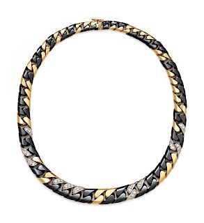 An 18 Karat Yellow Gold, Blackened Stainless Steel and Diamond Curb Link Necklace, Bvlgari,
